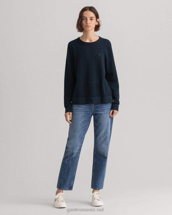pulover din bumbac piqué cu decolteu rotund 888T698 albastru de seară GANT femei