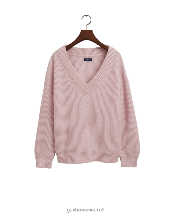pulover din lână cu decolteu în V cu nervuri 888T704 bujor de argint GANT femei