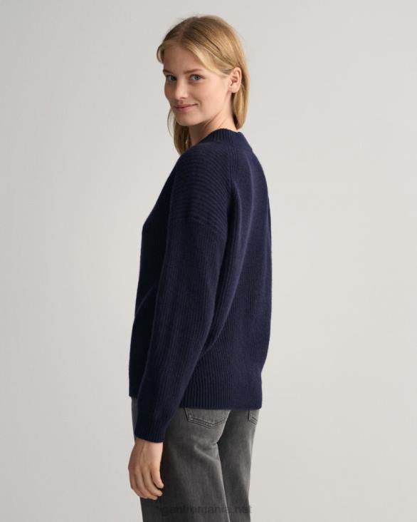 pulover din lână cu nervuri cu gâtul turnul 888T667 albastru de seară GANT femei